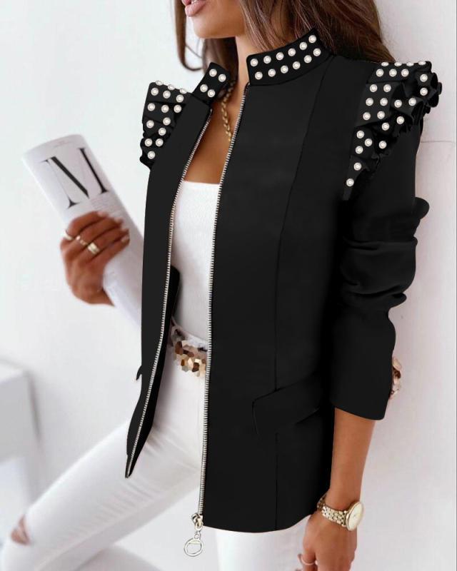 Printed Jacket with Ruffled Shoulders and Zipper Front