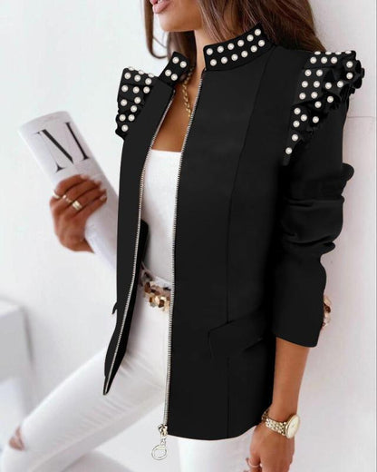Printed Jacket with Ruffled Shoulders and Zipper Front
