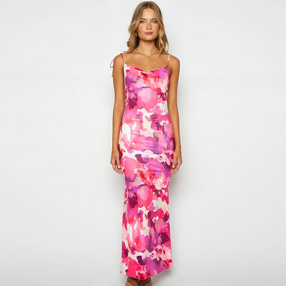 Floral Print Maxi Slip Dress with Backless Tie Straps