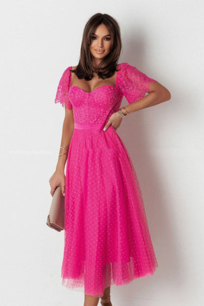 Fit-and-Flare Midi Dress with Lace Sweetheart Top and Dotted Mesh Skirt