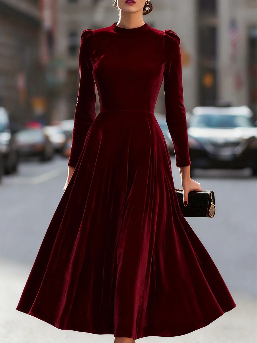 Velvet Swing Midi Dress with Round Neck and Puff Shoulders