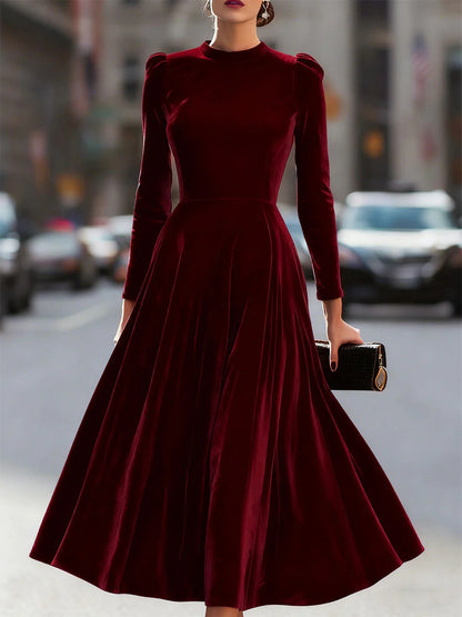 Velvet Swing Midi Dress with Round Neck and Puff Shoulders