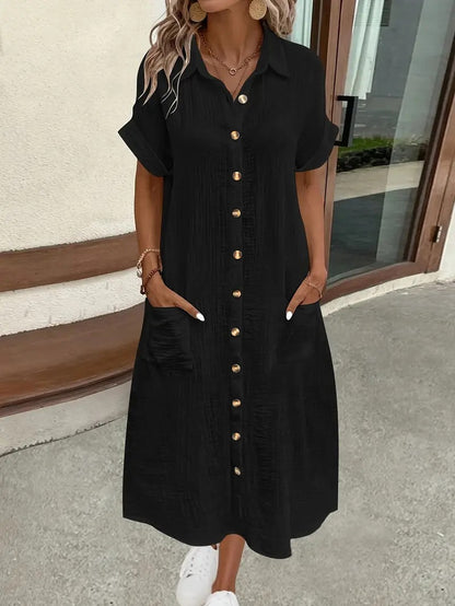Midi Shirt Dress with V-Neck and Button Front