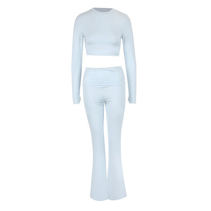 Solid Two-Piece Set with Long Sleeve Crop Top and Flared Pants