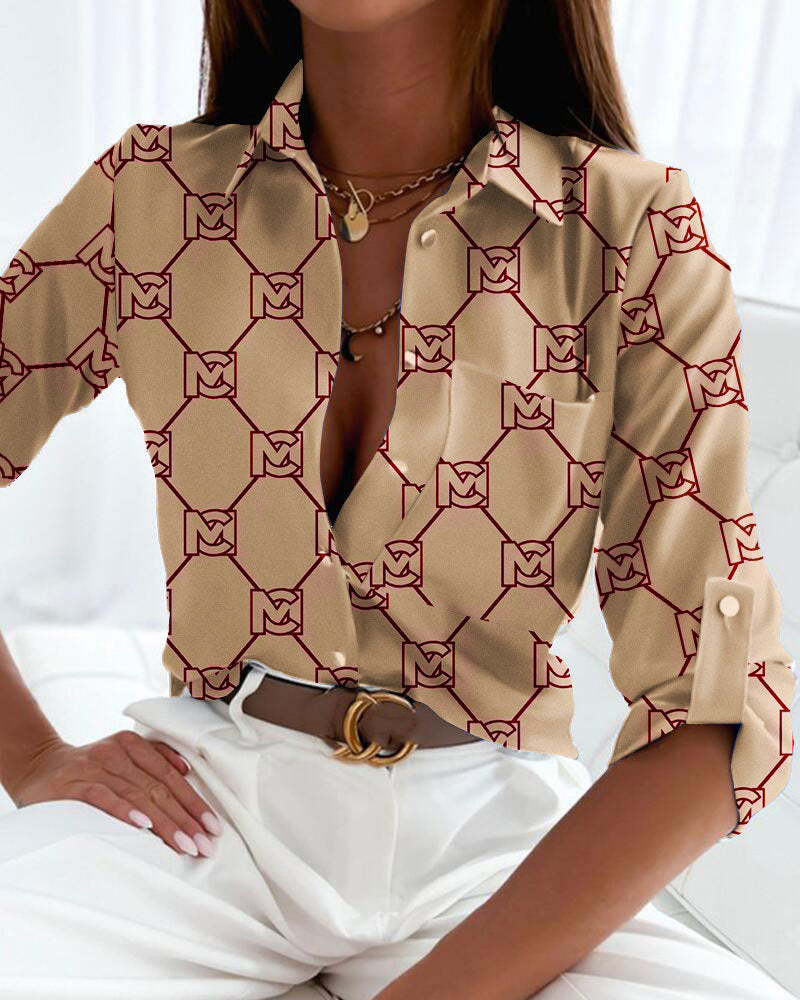 Printed Button-Down Shirt with V-Neck and Long Sleeves