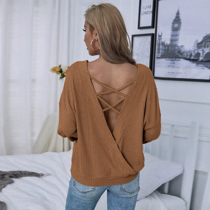 Waffle Knit Pullover with Backless Criss-Cross Detail