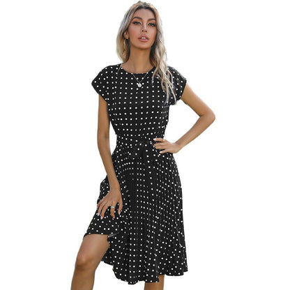 Polka Dot A-Line Midi Dress with Cap Sleeves and Tie Waist