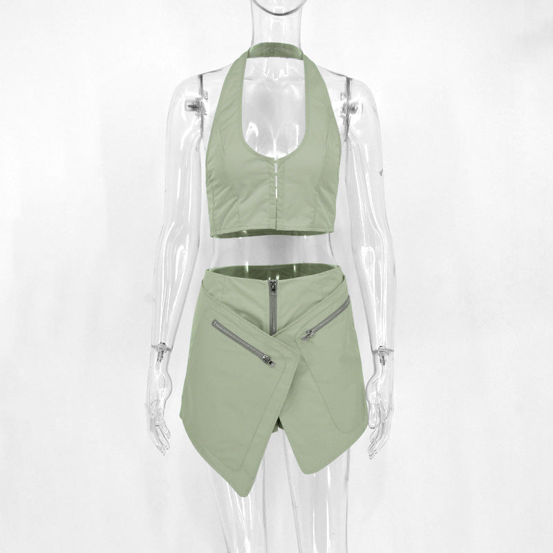 Plain Two-Piece Skirt Set with Halter Backless Top and Wrap Mini Skirt