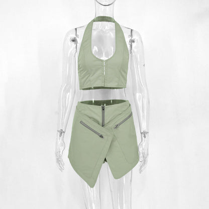 Plain Two-Piece Skirt Set with Halter Backless Top and Wrap Mini Skirt