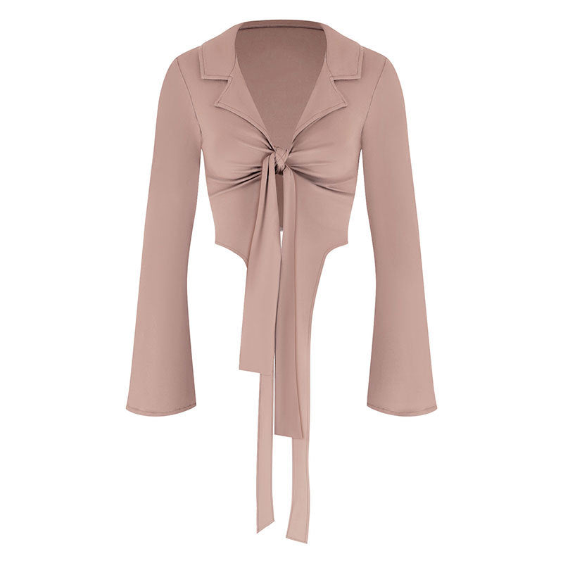 Cropped Tie-Front Long-Sleeve Shirt with Bell Sleeves