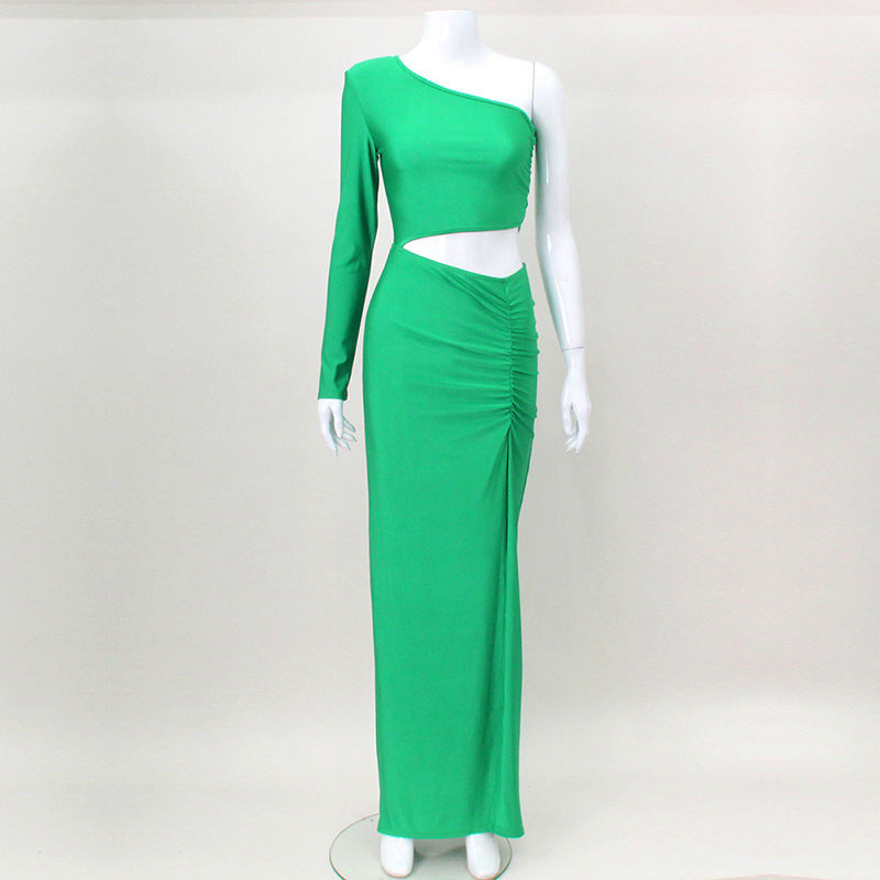 One-Shoulder Ruched Maxi Dress with Waist Cut-Out and High Slit