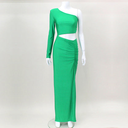 One-Shoulder Ruched Maxi Dress with Waist Cut-Out and High Slit