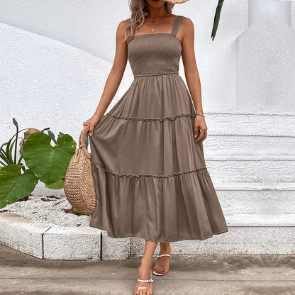 Solid A-Line Midi Dress with Smocked Bodice & Tiered Skirt