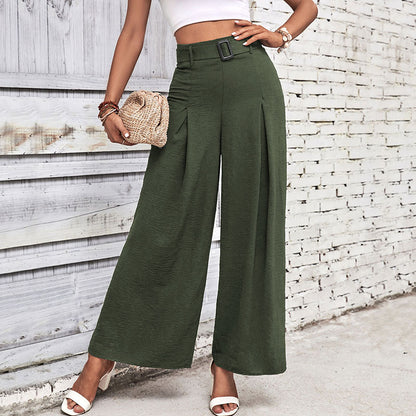 Draped Wide-Leg Trousers with Belted High Waist