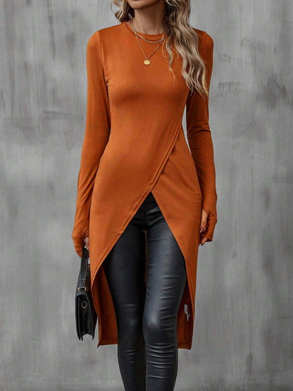 Slim Fit Long Sleeve Top with Crossover Front and Asymmetric Hem