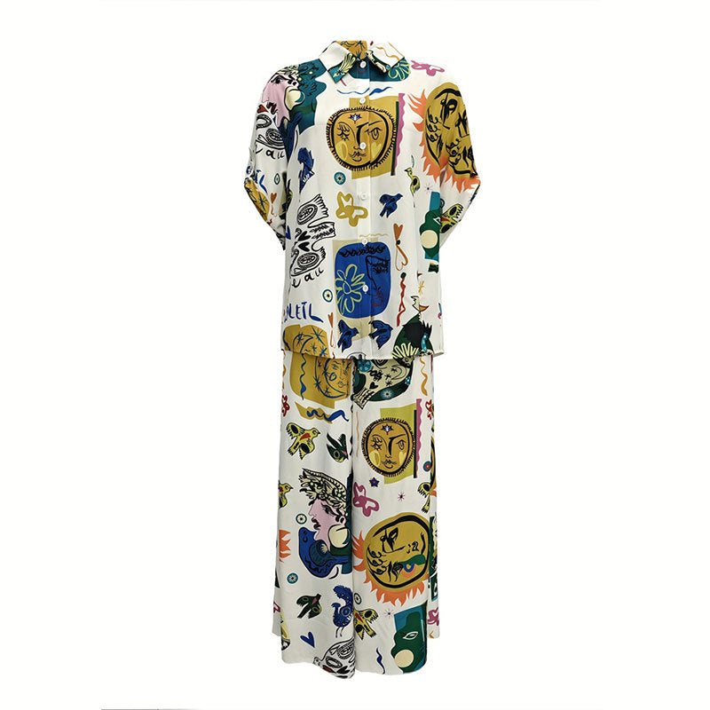 Graffiti Print Short-Sleeved Shirt & Wide-Leg Trousers Set