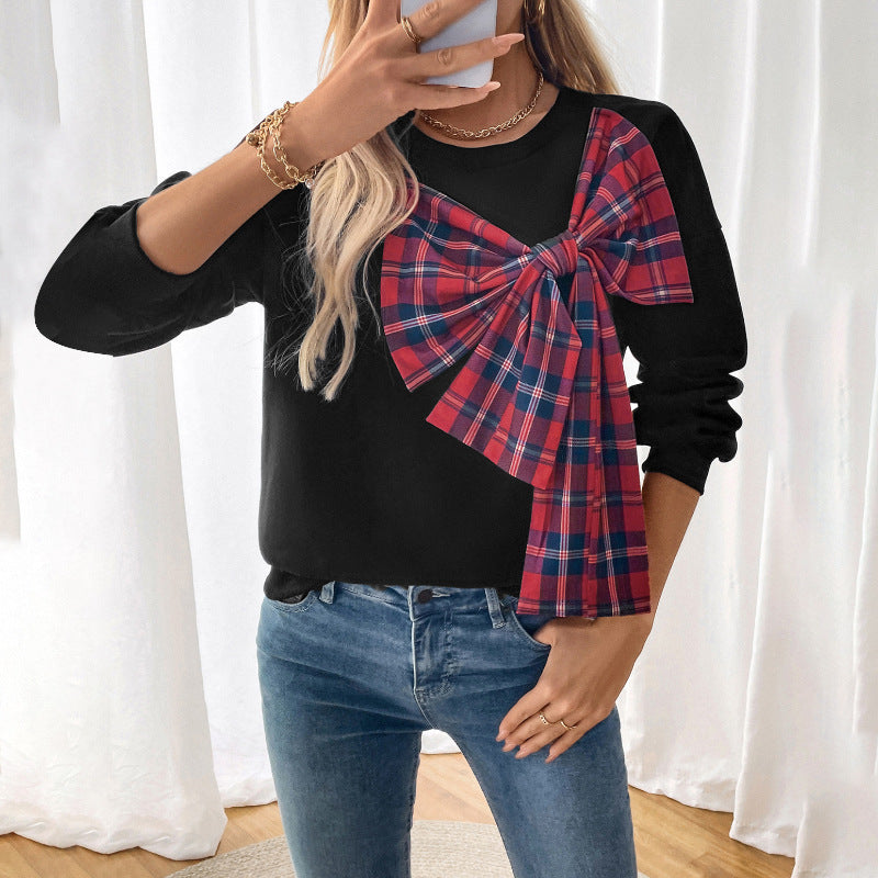 Loose Fit Sweatshirt with 3D Plaid Bow and Fleece Lining