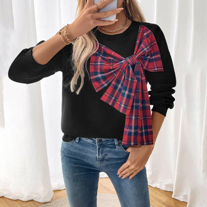 Loose Fit Sweatshirt with 3D Plaid Bow and Fleece Lining