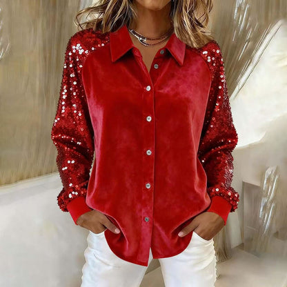 Loose Velvet Button-Down Shirt with Sequined Sleeves