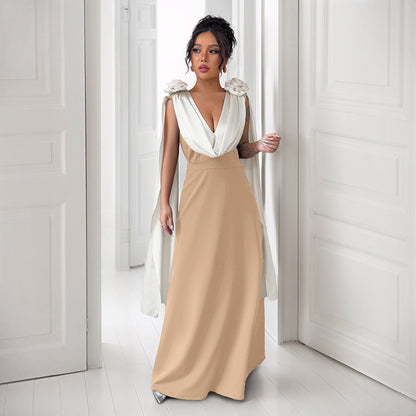 Color Block Maxi Dress with Draped V-Neck and Shoulder Detail