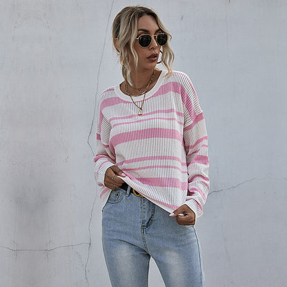 Striped Crewneck Knit Sweater with Long Sleeves