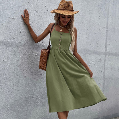 Solid A-Line Midi Dress with Spaghetti Straps and Button Front