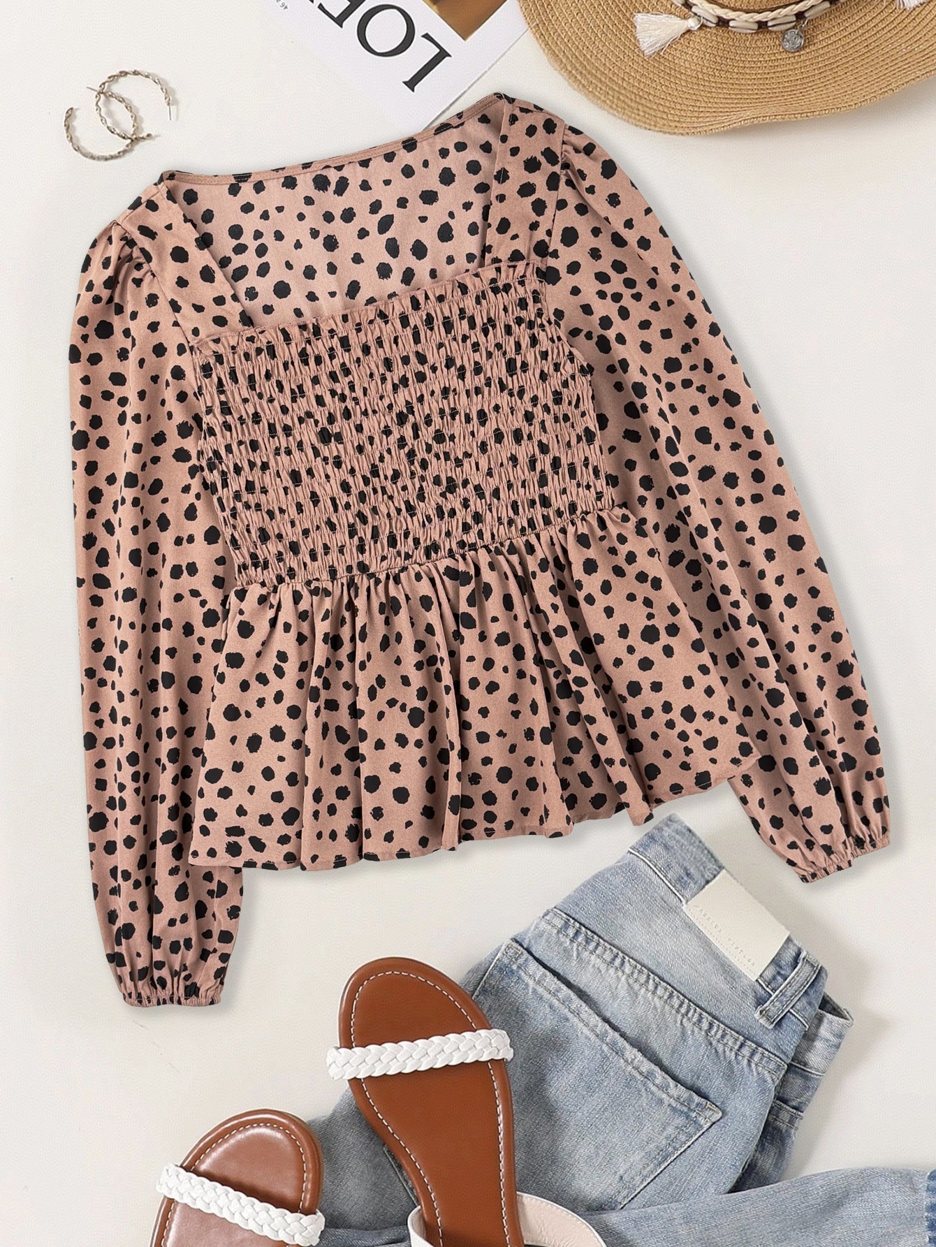 Polka Dot Peplum Blouse with Square Neck and Smocked Bodice