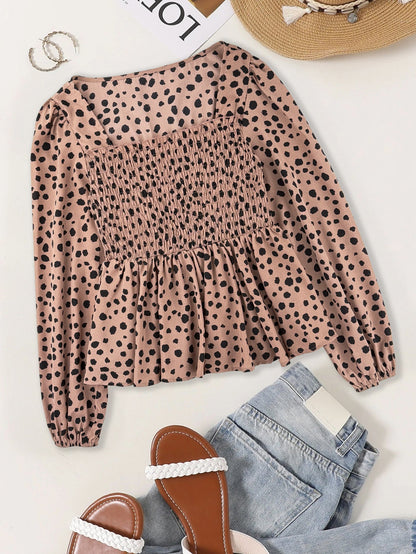 Polka Dot Peplum Blouse with Square Neck and Smocked Bodice