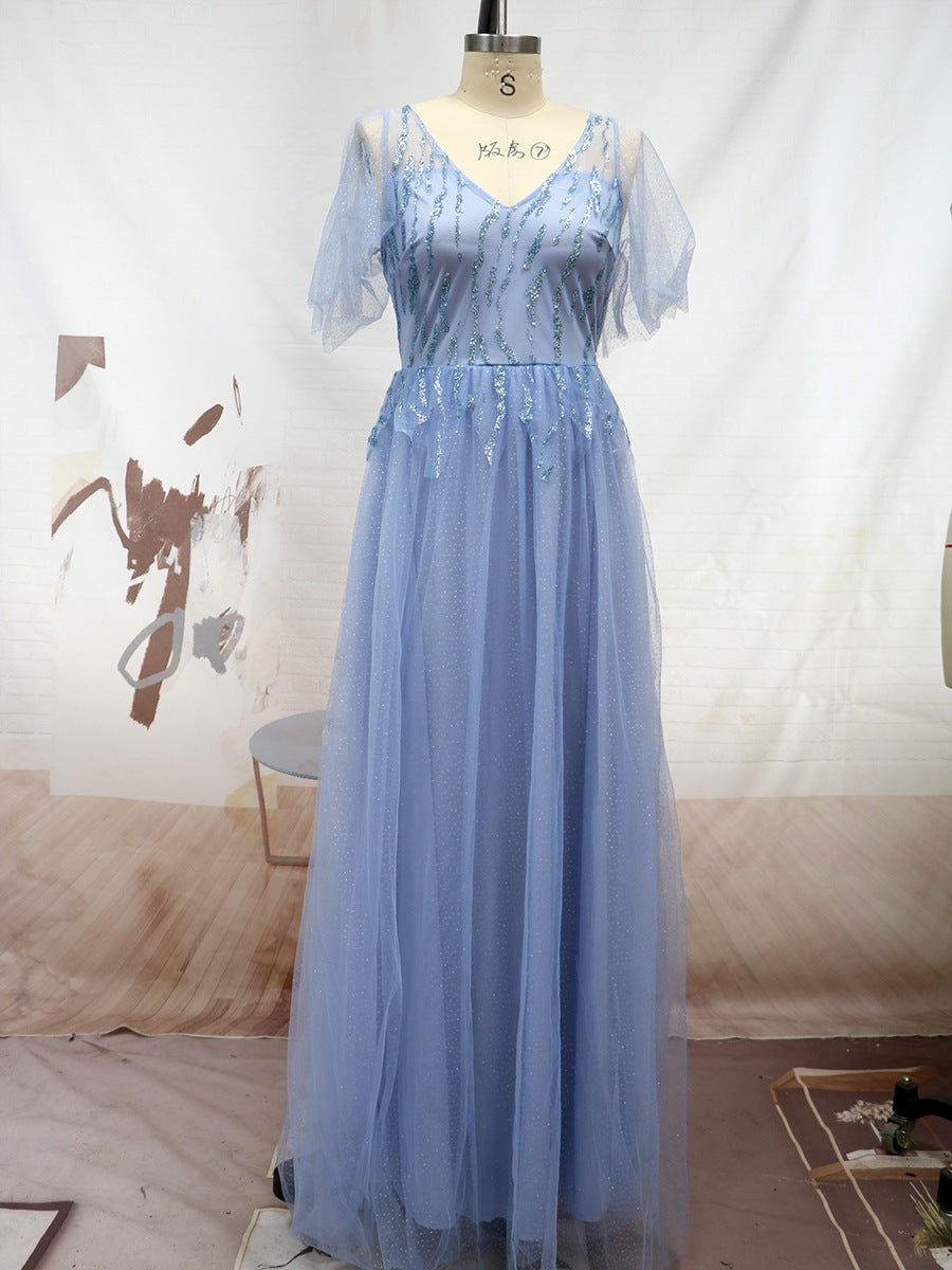 A-Line Maxi Dress with Sequined V-Neck and Flutter Sleeves