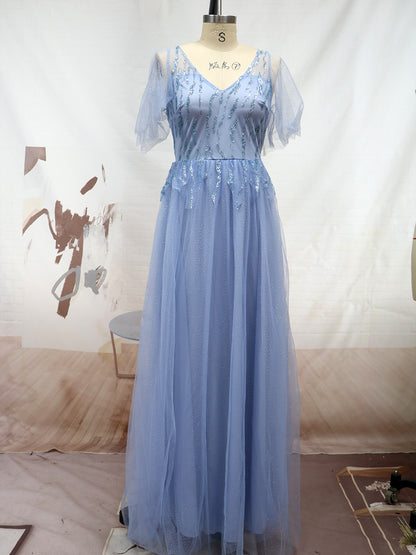 A-Line Maxi Dress with Sequined V-Neck and Flutter Sleeves