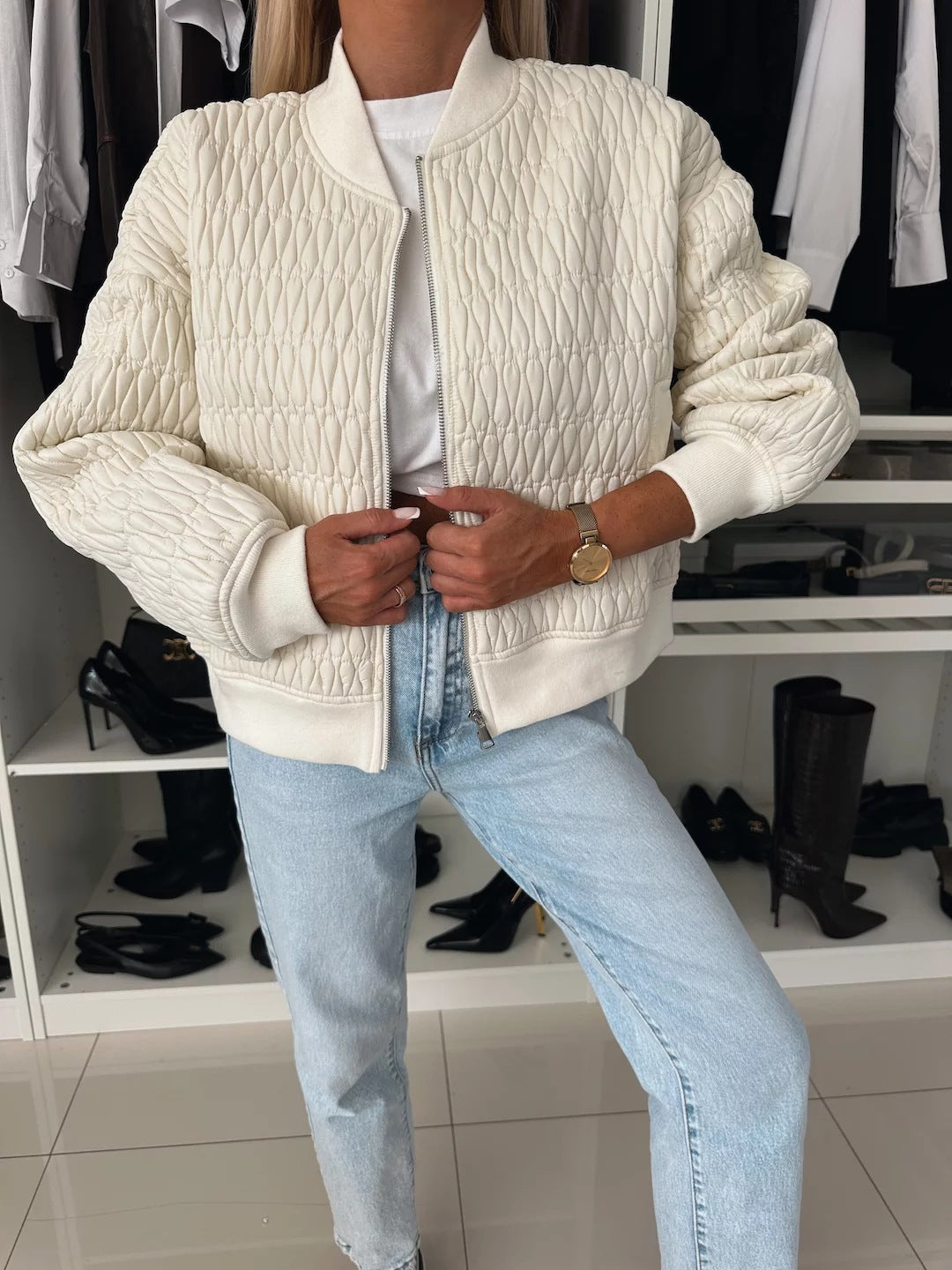 Padded Quilted Bomber Jacket with Ribbed Trim