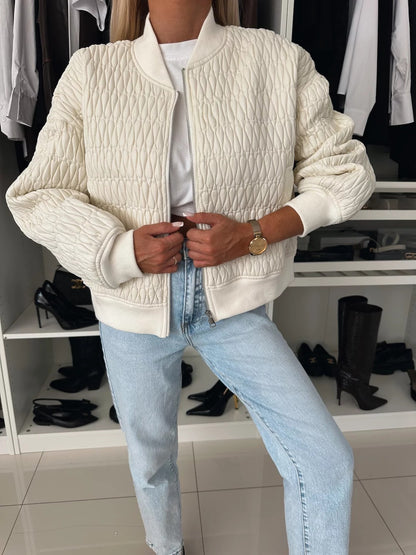 Padded Quilted Bomber Jacket with Ribbed Trim