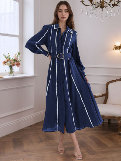 Trench Style Maxi Dress with Lapel Collar and Pearl Trim