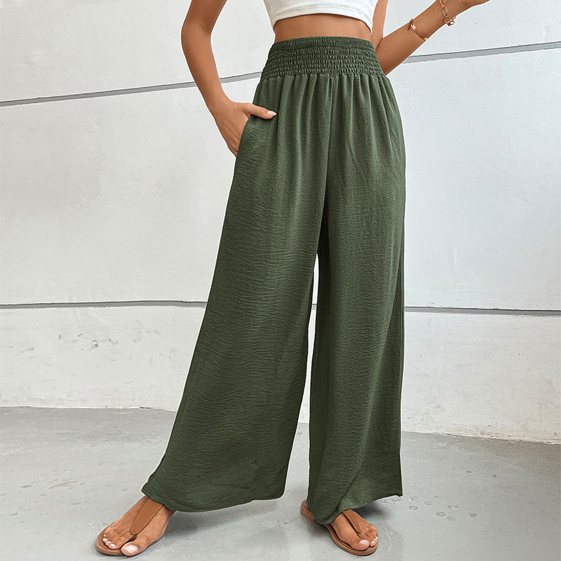 Casual Wide-Leg Trousers with High Smocked Waist