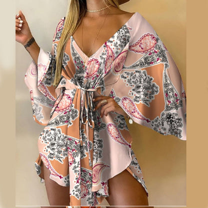 Printed Tunic Dress with V-Neck and Batwing Sleeves
