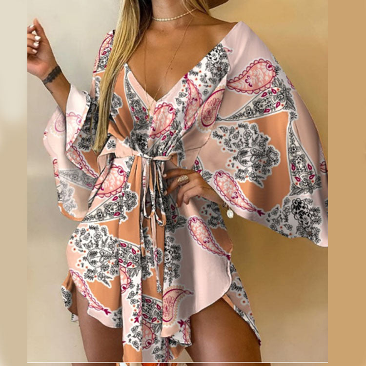 Printed Dress with Batwing Sleeves and Tie-Waist