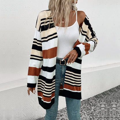 Color-Blocked Striped Long Cardigan with Open Front