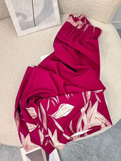 High-Waist Wide-Leg Trousers with Graphic Leaf Print
