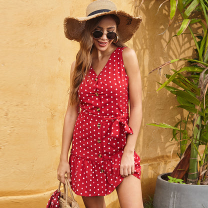 Polka Dot A-Line Mini Dress with V-Neck and Tie-Waist