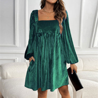 Pleated Velvet Mini Dress with Square Neck and Puff Sleeves