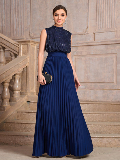 Sequined Maxi Dress with High Neck and Pleated Skirt