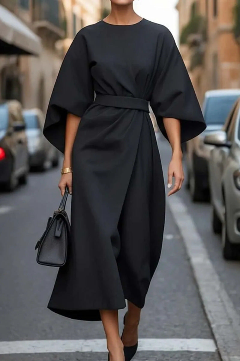Midi Faux Wrap Dress with Dolman Sleeves