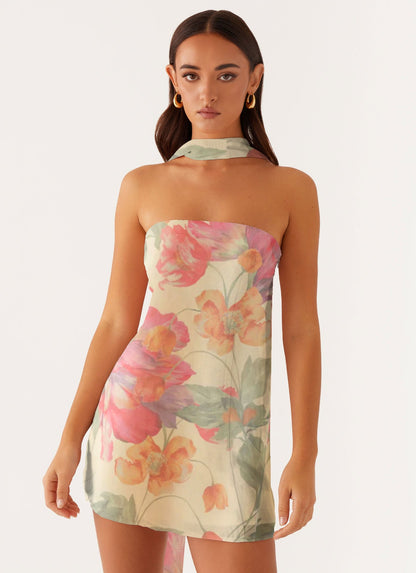 Floral Chiffon A-Line Mini Dress with Choker Neck Tie
