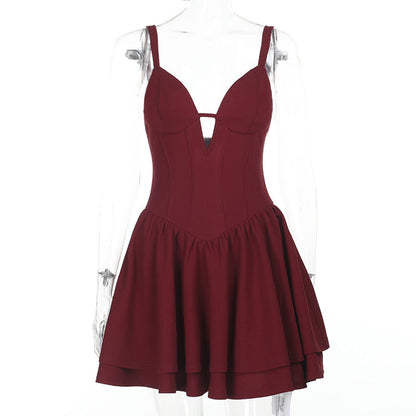Backless V-Neck A-Line Midi Dress Solid Color Polyester