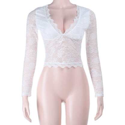 Cropped Floral Lace Top with V-Neck and Scalloped Edges