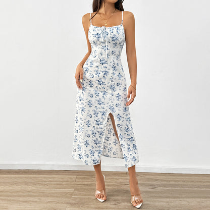 Floral A-Line Midi Dress with Tie-Front and Front Slit