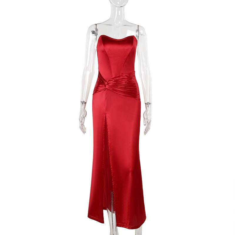 Bodycon Satin Maxi Dress with Twisted Waist and High Slit