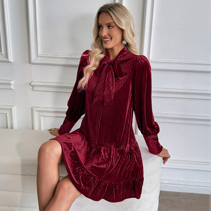 Ribbed Velvet Mini Dress with Bow Tie Collar and Ruffle Hem