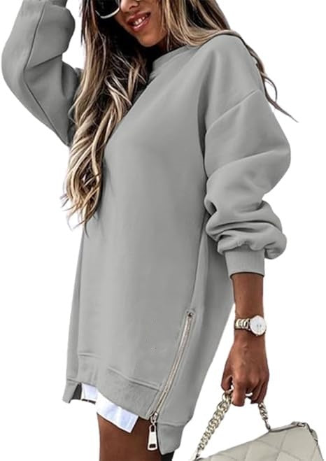 Oversized Sweatshirt Tunic with Side Zippers and Faux Layered Hem