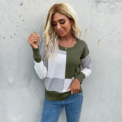 Contrast Color Patchwork Knitted Pullover with Round Neck
